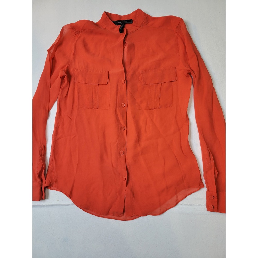 BCBGMAXAZRIA Womens Orange Sheer Long Sleeve Button Down Blouse XS  Top 2324